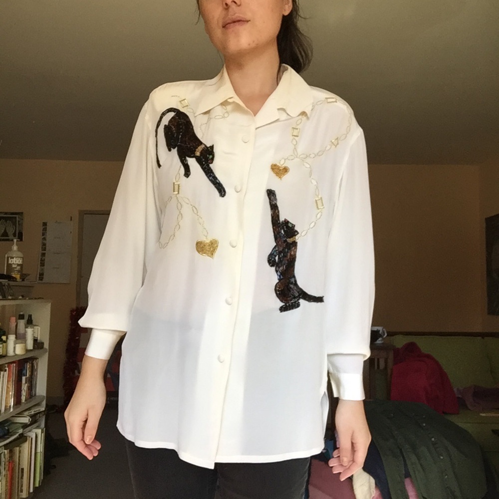 Bob Mackie Silk Embroidered Beaded Cat Blouse